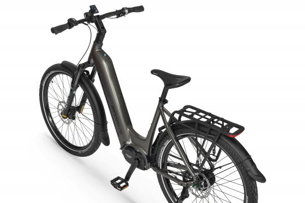 Ecobike DARE Low Step 2026 — Seitenansicht von oben mit Panasonic GXM Mittelmotor und Gates Carbon Drive Riemen