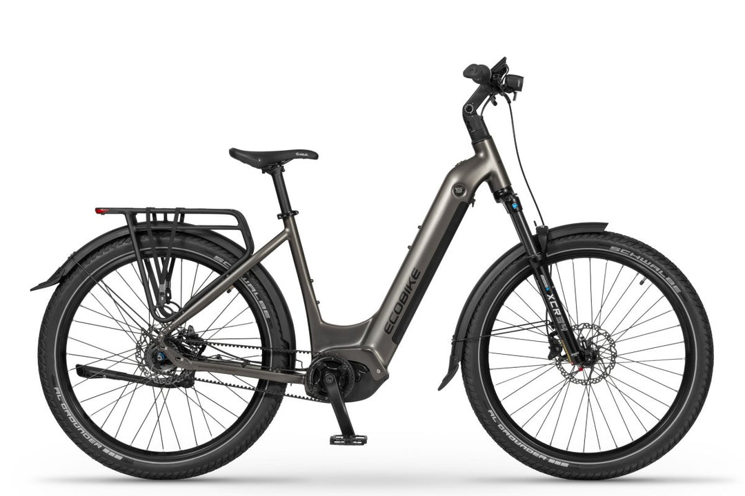 Ecobike DARE Low Step 2026 — Premium SUV E-Bike Seitenansicht, Panasonic GXM 100 Nm, Gates Belt, Step-Through Rahmen