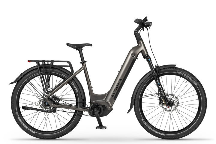 Ecobike DARE Low Step 2026 — Premium SUV E-Bike Seitenansicht, Panasonic GXM 100 Nm, Gates Belt, Step-Through Rahmen