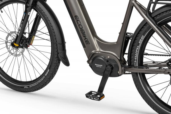 Ecobike DARE Low Step 2026 — Hinterrad Detail mit Shimano Nexus 5 Nabe und Gates Belt